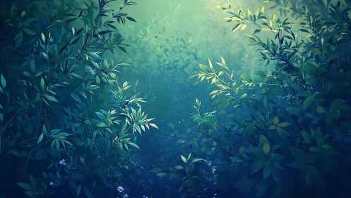 Luminous Forest Path Through Dense Green Foliage