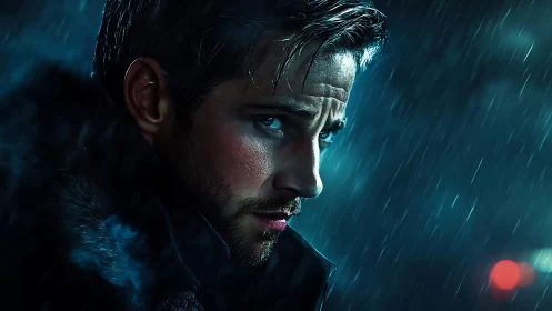 Moody male portrait in teal rain-soaked cinematic lighting.