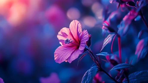 Vibrant Pink Hibiscus Blooming in Neon-Lit Garden Haze