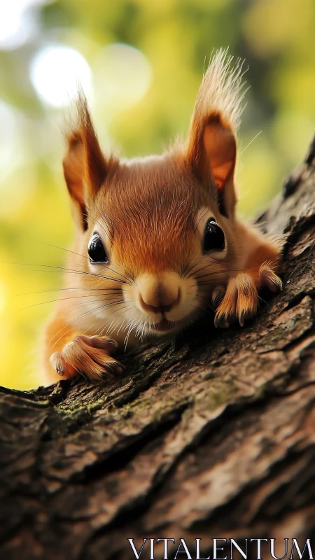 Curious red squirrel grips tree bark in soft bokeh light.