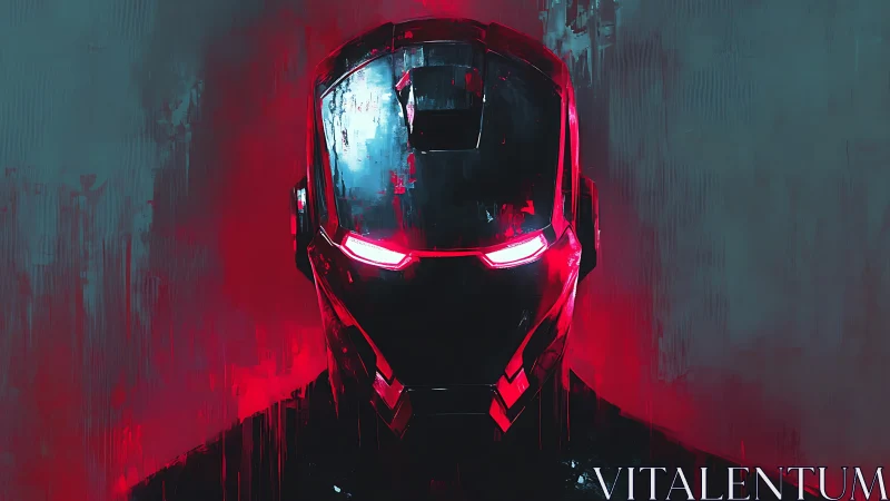 Steel guardian in neon red glow, watching the shadows.