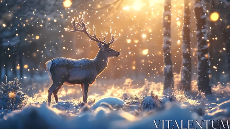 Starlit stag pauses in a snowlit forest cathedral.