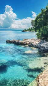 Turquoise cove whispers beneath sunlit clouds and pines.