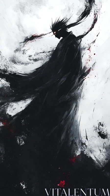 Monochrome wraith silhouette with glowing eyes and blood accents