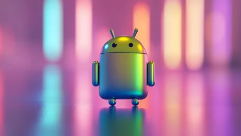 Chromatic metallic android figurine in neon bokeh environment