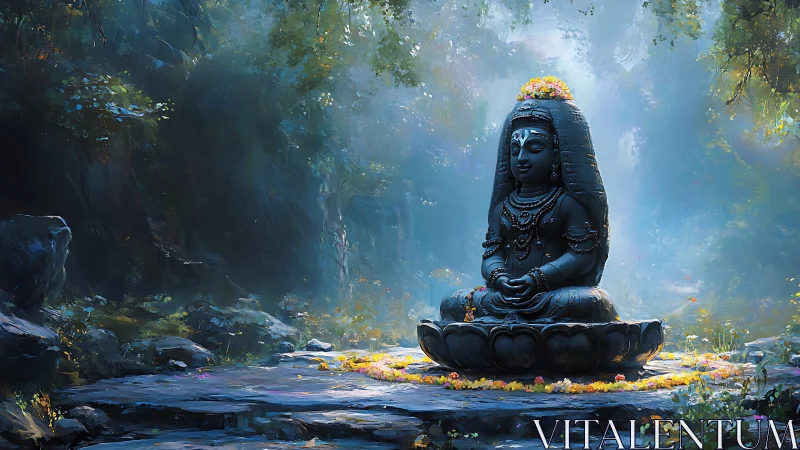 Stone meditative deity statue in misty forest clearing setting.