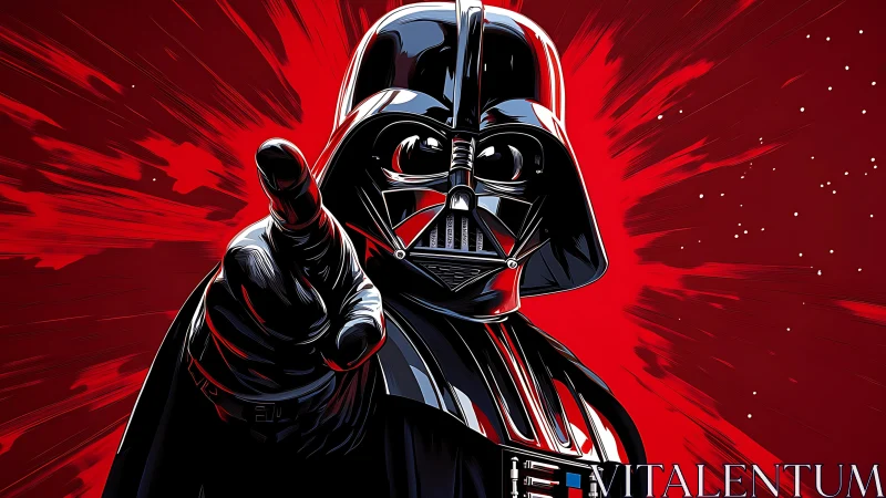 Masked dark warrior points forward against radiant red field