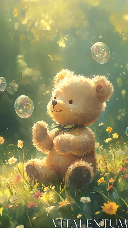 Sunlit teddy bear in meadow with drifting bubbles dreamily.