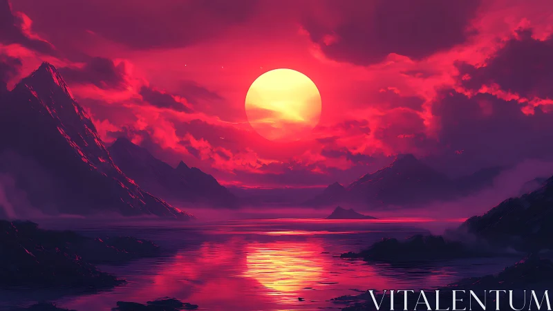 Neon sunset over misty mountains and reflective sea.
