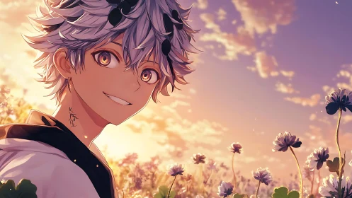 Sunset meadow smile with soft clouds and shimmering clover.