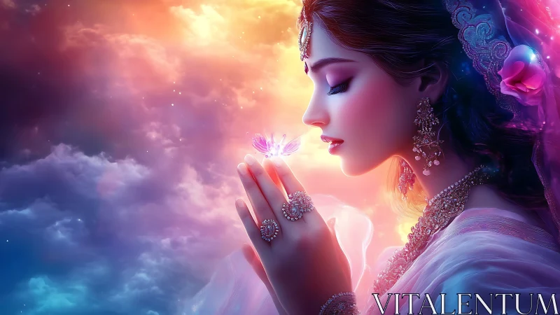 Starlit princess cradles a glowing butterfly of dawn.