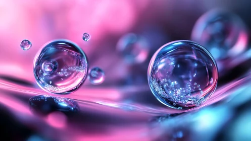 Liquid planets drift through neon tides in glassy silence