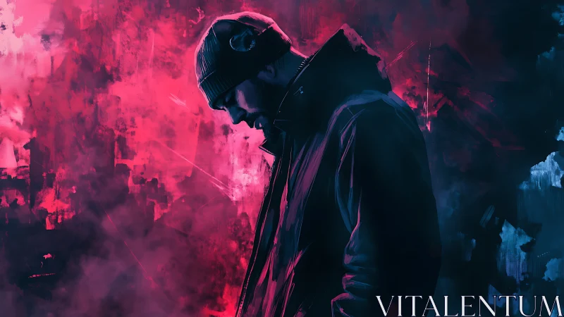 Solitary hooded figure in neon pink and blue digital scene.