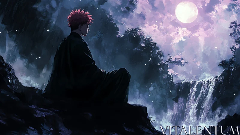 Moonlit waterfall hush with a quiet red-haired wanderer.