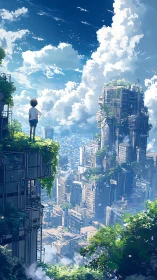 Child observing vertical cityscape under dense cloud bank.