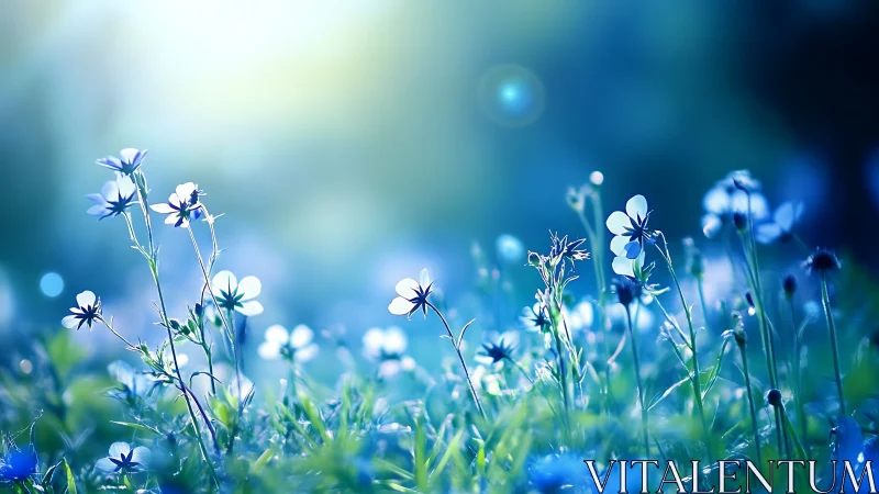 Blue wildflowers in soft morning light over dewy grass