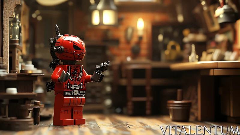 Red armored LEGO minifigure in shallow‑depth rustic workshop