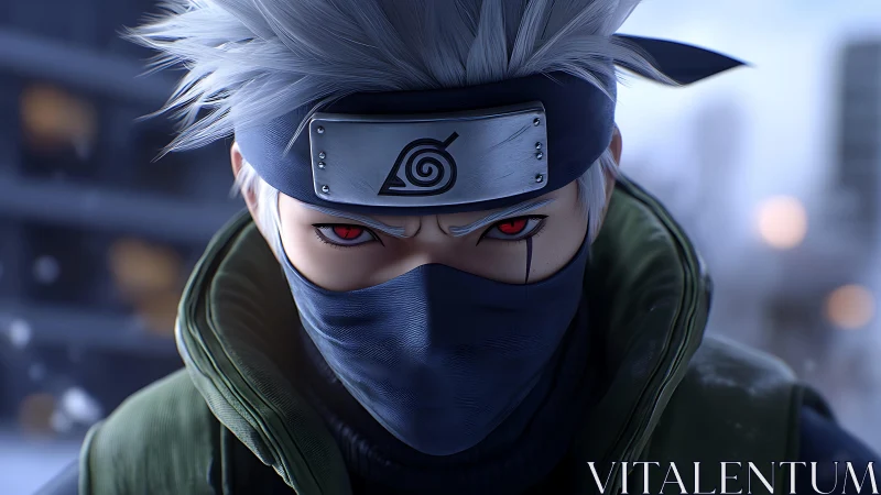 Hyperreal masked ninja portrait with red eyes and headband insignia