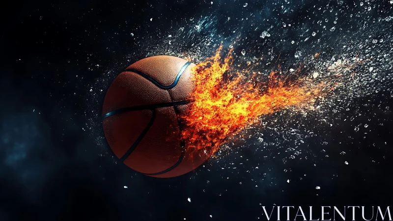 Hyperreal basketball ablaze in motion against dark void