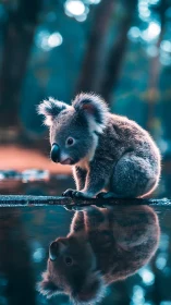 Gentle koala pauses by glowing water, cradled in soft light