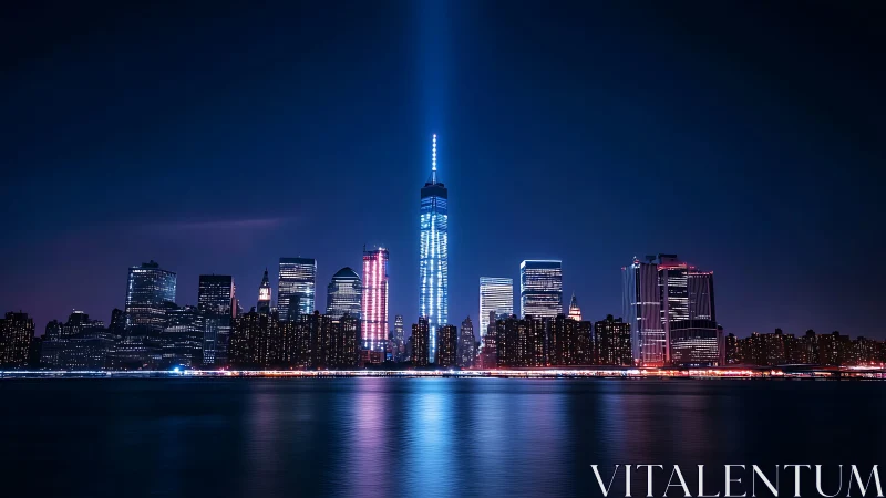 High-rise city skyline stands illuminated over calm water