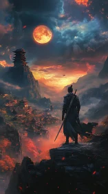 Lone warrior observing ember-lit valley beneath blood moon.