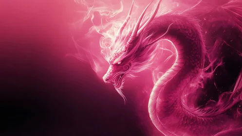 Coiled pink dragon in glowing smoke on dark background.