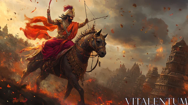 Warrior prince rides warhorse through burning ancient city.