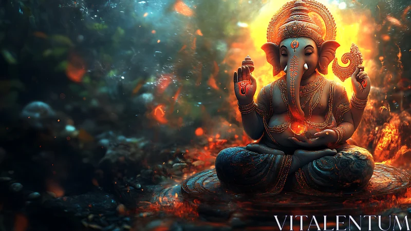 Divine elephant deity in fiery meditative forest glow.