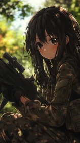 Soft sunlight, quiet courage with a woodland anime scout.