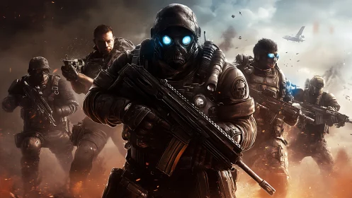 Elite tactical squad charging through smoky battle skies.