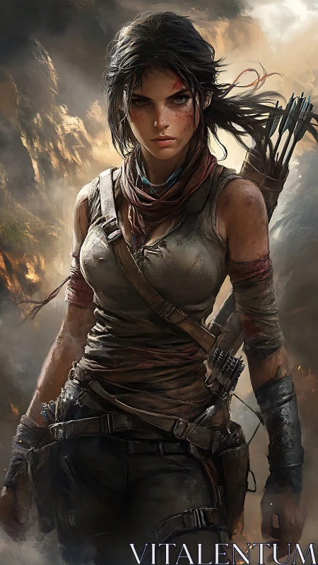 Fearless jungle wanderer strides through stormy embers.