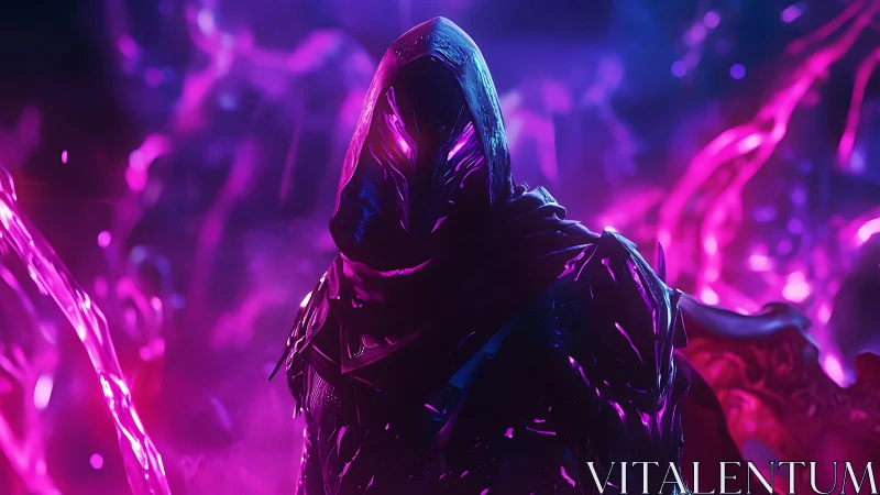 Hooded armored figure amid neon purple energy field.