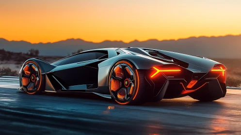 Futuristic concept supercar on open road at sunset horizon.