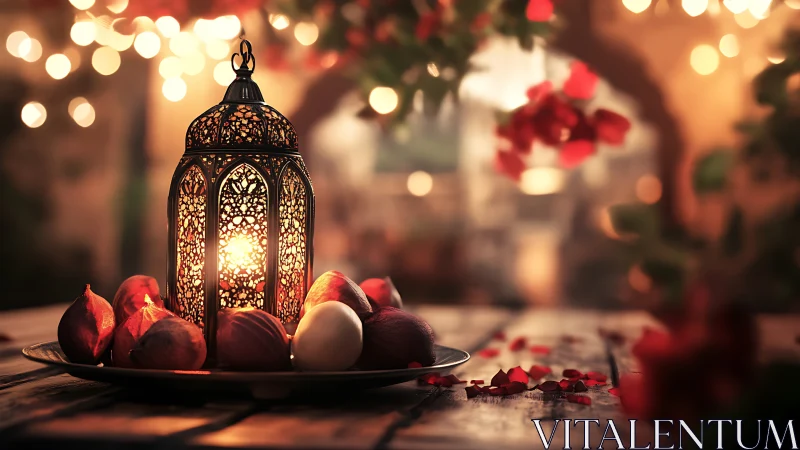 Lantern glow and pomegranates on a softly lit evening table.