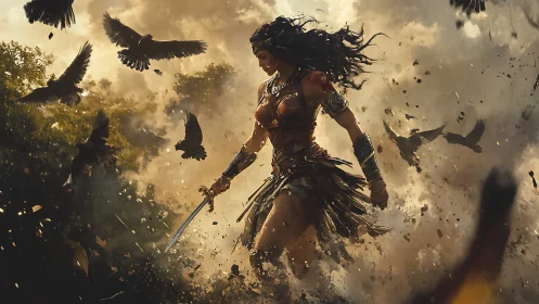 Warrior queen advances through smoke and crows in battle fury