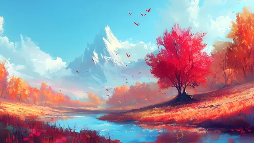 Crimson tree before alpine peak in luminous autumn valley.