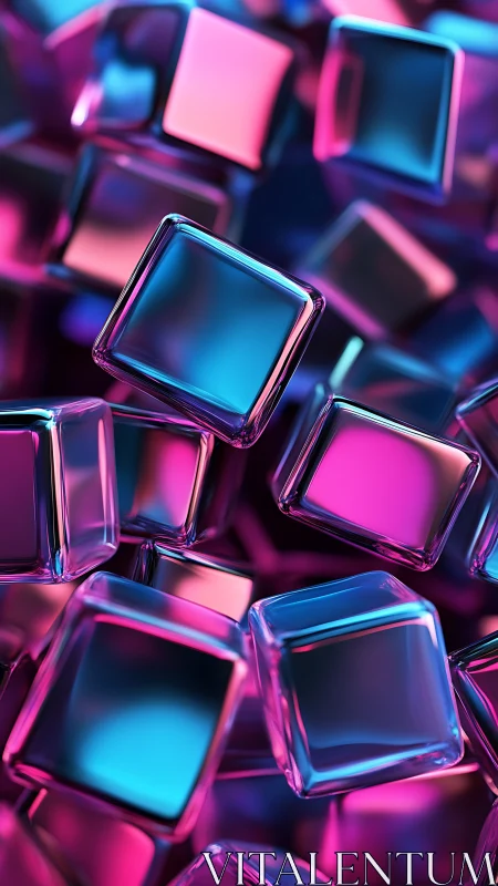 Neon glass cubes float in saturated cyan magenta glow.