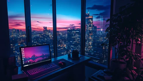 Laptop workspace facing high rise city skyline at dusk.