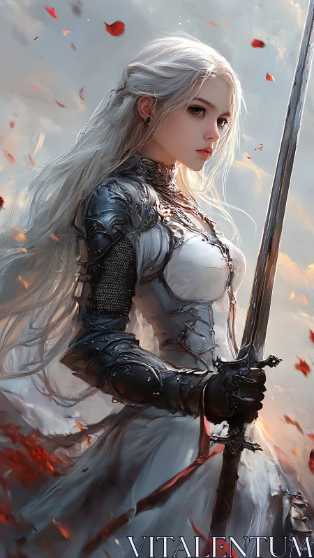 Armored valkyrie with longsword in dynamic wind field.