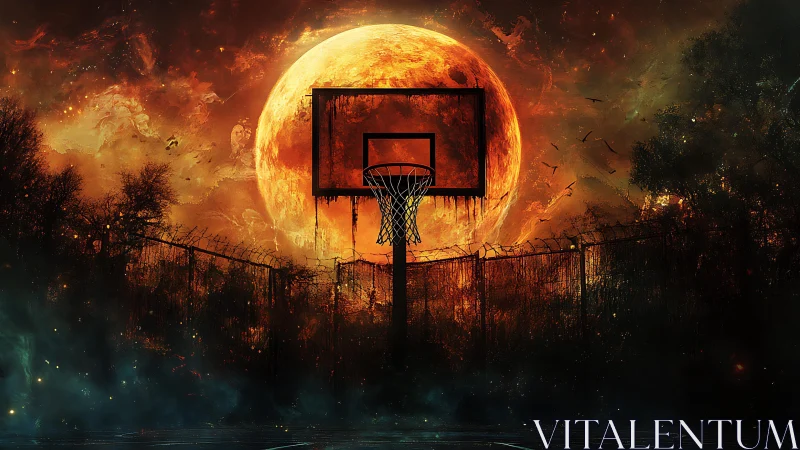 Post-apocalyptic moonlit court with central hoop silhouette.