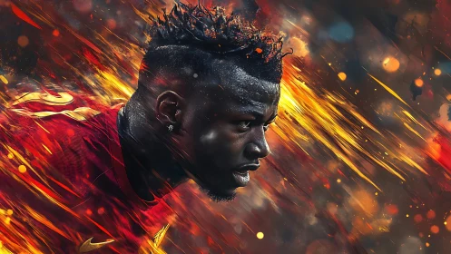 Dynamic digital portrait of sprinting football player profile.