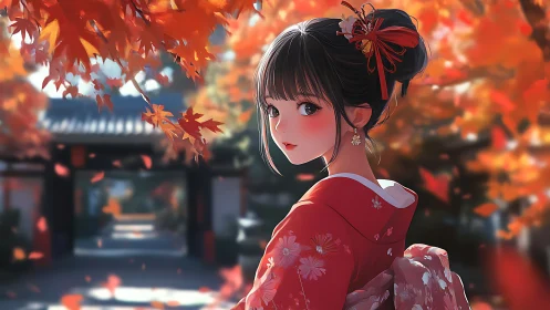 Autumn courtyard stroll with a gentle kimono glance.