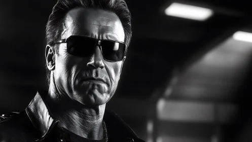 Stern man in sunglasses in gritty monochrome close-up shot.