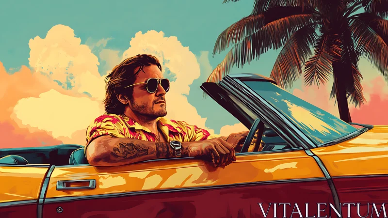 Man drives yellow convertible past palm trees at sunset