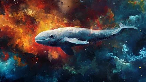 Digital painting of cosmic whale amid nebular color fields.