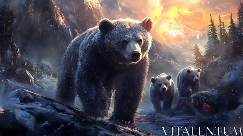 Grizzly bear leads cubs through glowing icy mountain pass.