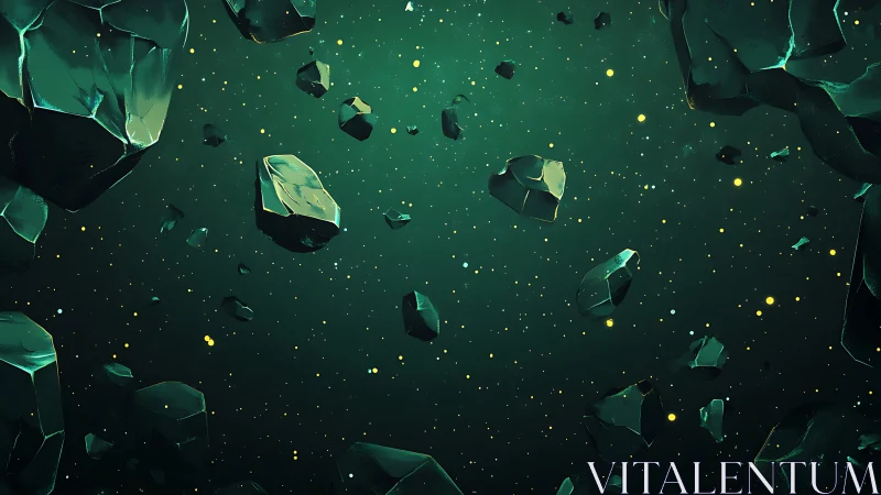 Emerald asteroids drift gently through a starlit cosmic sea