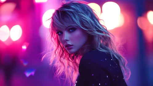 Neon city muse caught in electric violet twilight glow.