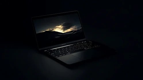 Open laptop displays illuminated landscape on dark background